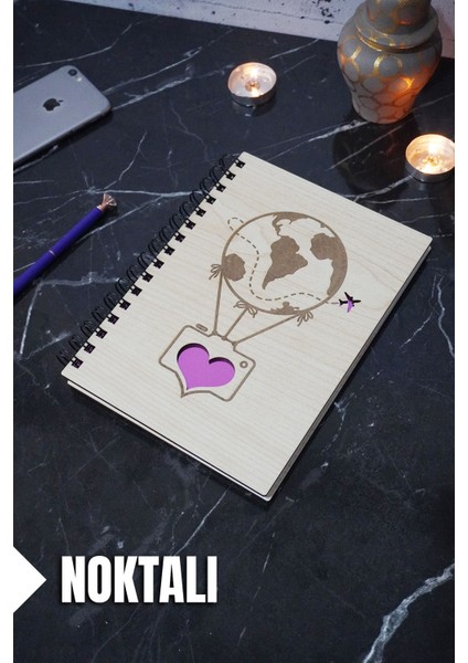 Uçan Balon Temalı Ahşap Kapaklı Defter - Noktalı Defter - Ajanda - Okul Defteri (A5 - 120 Sayfa)