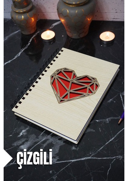 Kalp Temalı Ahşap Kapaklı Defter - Çizgili Defter - Ajanda - Okul Defteri (A5 - 120 Sayfa)