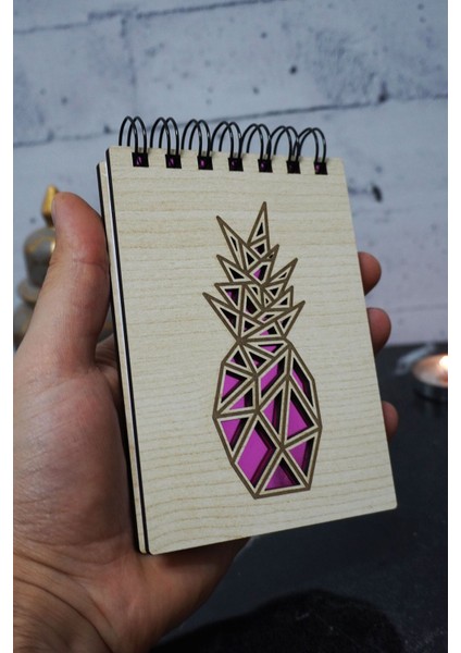 Ananas Temalı Ahşap Kapaklı Not Defteri - Mini Defter - Cep Defteri - Benim Listem