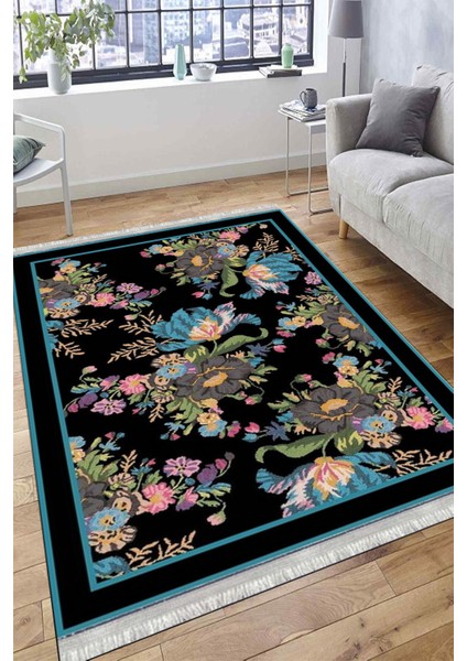 Çiçekli Klasik Desen Kaymaz Tabanlı Halı Makinede Yıkanabilir Kilim Dot Tabanlı Halı 2018B