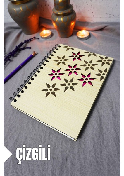 Çiçek Desenli Ahşap Kapaklı Defter - Çizgili Defter - Ajanda - Okul Defteri (A5 - 120 Sayfa)