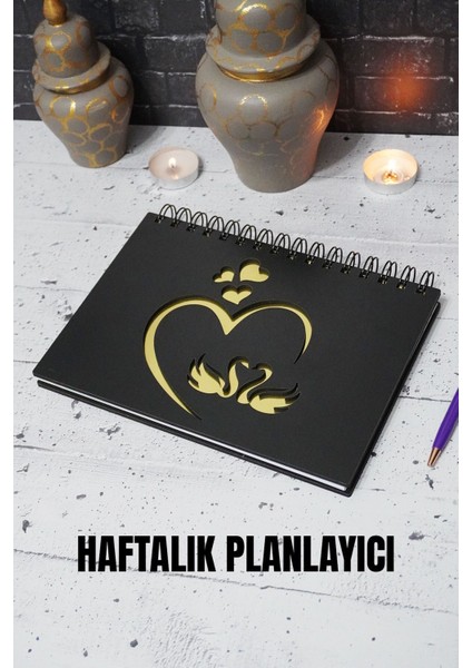 A5 Kuğu Aşk Tasarım Siyah Ahşap Plan Defteri - Tarihsiz Ajanda - Haftalık Planlayıcı