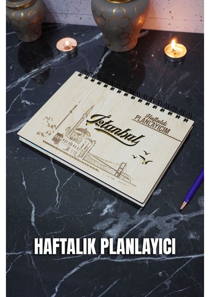 Istanbul Yazılı Ahşap Tarihsiz Plan Defteri - Süresiz Ajanda - Haftalık Planlayıcı - A5