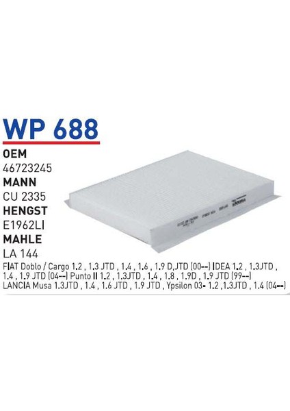 Wp688 Oem 46723245 Fiat doblo punto II III İdea Otomobil polen filtre pollen filter