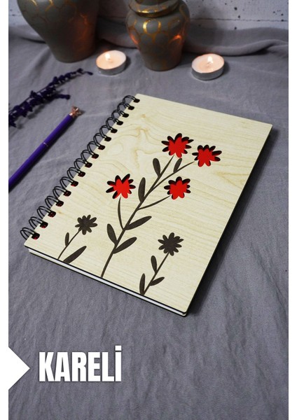 Çiçek Desenli Ahşap Kapaklı Defter - Kareli Defter - Ajanda - Okul Defteri (A5 - 120 Sayfa)