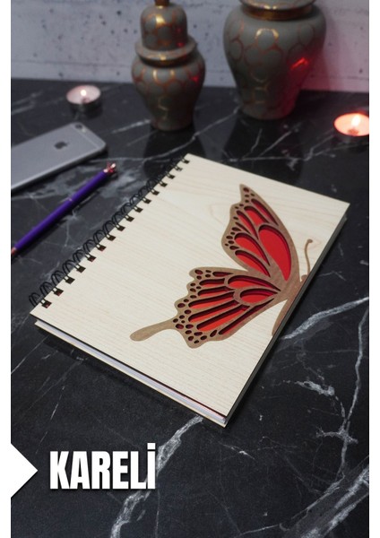 Kelebek Temalı Ahşap Kapaklı Defter - Kareli Defter - Ajanda - Okul Defteri (A5 - 120 Sayfa)