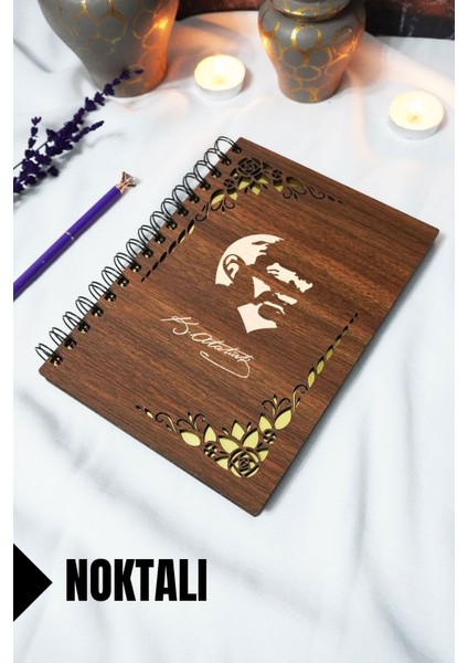Çiçek Temalı Mustafa Kemal Atatürk Ahşap Kapaklı Defter - Noktalı Defter - A5 Anı Defteri