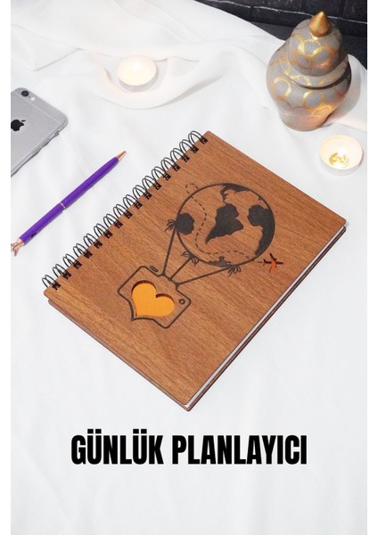 Balon Tasarım Ahşap Kapak Günlük Plan Defteri - Süresiz Ajanda - Tarihsiz Planlama Defteri - A5