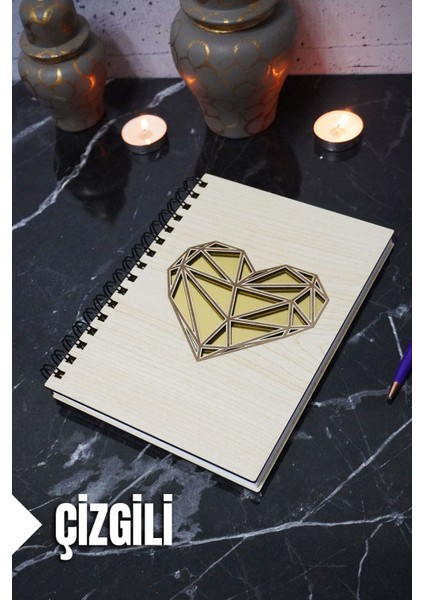 Kalp Temalı Ahşap Kapaklı Defter - Çizgili Defter - Ajanda - Okul Defteri (A5 - 120 Sayfa)