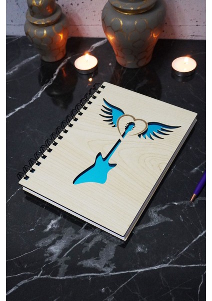 Gitar Kanat Temalı Ahşap Kapaklı Defter - Çizgisiz Defter - Günlük - Ajanda- A5 Anı Defteri