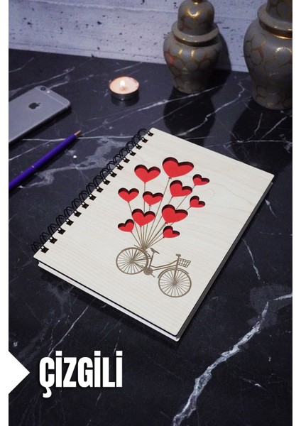 Bisiklet Balon Temalı Ahşap Kapaklı Defter - Çizgili Defter - Ajanda - Okul Defteri (A5 - 120 Sayfa)