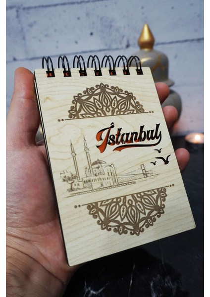Istanbul Temalı Ahşap Kapaklı Not Defteri - Mini Defter - Cep Defteri - Benim Listem