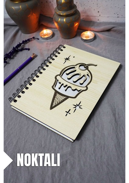 Dondurma Desenli Ahşap Kapaklı Defter - Noktalı Defter - Ajanda - Okul Defteri (A5 - 120 Sayfa)