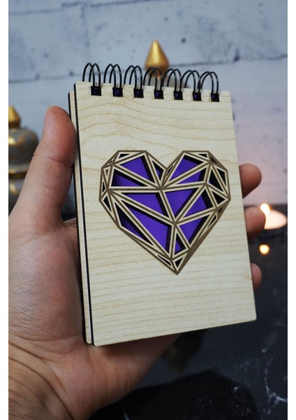 Kalp Temalı Ahşap Kapaklı Not Defteri - Mini Defter - Cep Defteri - Benim Listem