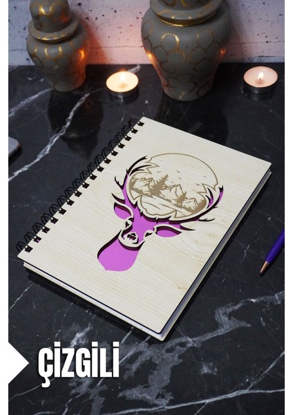 Geyik Figürlü Ahşap Kapaklı Defter - Çizgili Defter - Ajanda - Okul Defteri (A5 - 120 Sayfa)