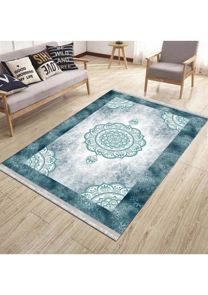Turkuaz Göbekli Desen Kaymaz Taban Halı Makinede Yıkanabilir Kilim Dot Tabanlı Halı 3019D fiyatları
