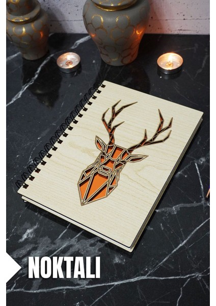 Geyik Temalı Ahşap Kapaklı Defter - Noktalı Defter - Ajanda - Okul Defteri (A5 - 120 Sayfa)