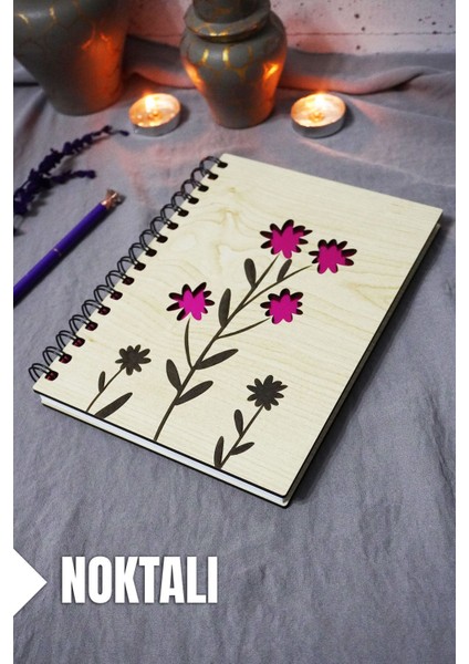 Çiçek Desenli Ahşap Kapaklı Defter - Noktalı Defter - Ajanda - Okul Defteri (A5 - 120 Sayfa)
