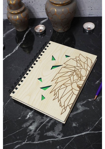 Aslan Figürlü Ahşap Kapaklı Defter - Çizgisiz Defter - Günlük - Ajanda- A5 Anı Defteri