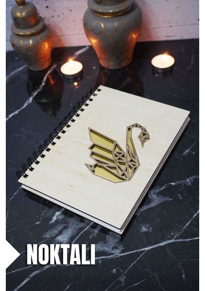 Kuğu Temalı Ahşap Kapaklı Defter - Noktalı Defter - Ajanda - Okul Defteri (A5 - 120 Sayfa)