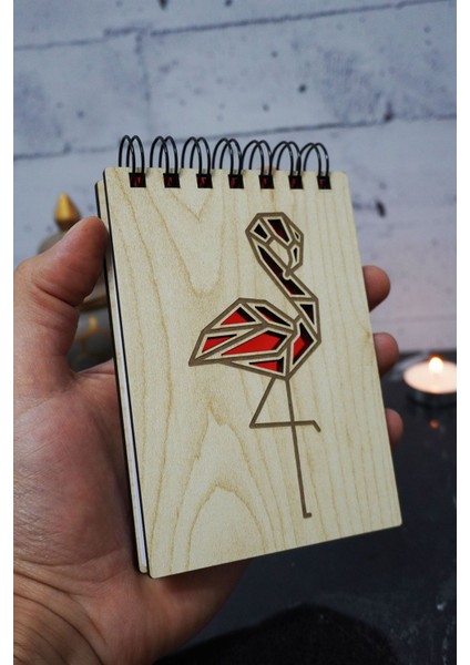Flamingo Figürlü Ahşap Kapaklı Not Defteri - Mini Defter - Cep Defteri - Benim Listem