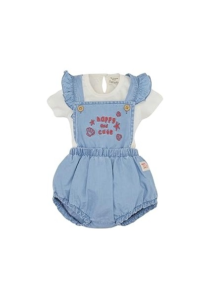 Kız Bebek Kısa Kollu Tişört Yumuşak Nakışlı Jean Tulum 2'li Takım Mavi 9-12 Ay