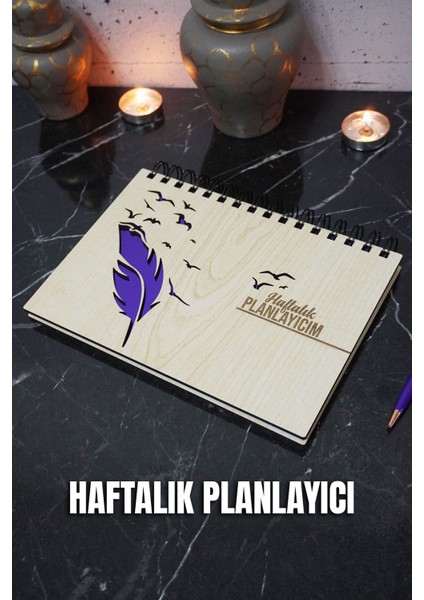 Kuşlu Tüy Tasarım Ahşap Plan Defteri - Tarihsiz Ajanda - Haftalık Planlayıcı (Planlayıcı Defter) A5