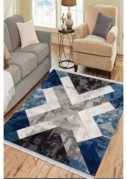 Geometrik Mavi Halı Makinede Yıkanabilir Kaymaz Tabanlı Kilim Dot Tabanlı Salon Halısı 0037D