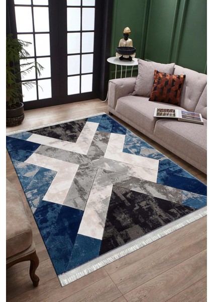 Geometrik Mavi Halı Makinede Yıkanabilir Kaymaz Tabanlı Kilim Dot Tabanlı Salon Halısı 0037D fiyatları