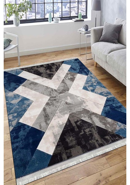 Geometrik Mavi Halı Makinede Yıkanabilir Kaymaz Tabanlı Kilim Dot Tabanlı Salon Halısı 0037D fırsatları