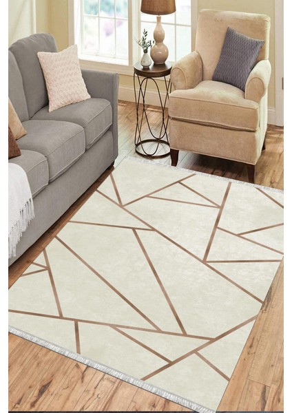 Krem Geometrik Çizgili Makinede Yıkanabilir Kaymaz Tabanlı Halı Dot Tabanlı Salon Halısı 0120E