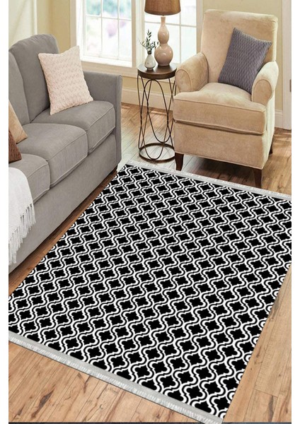Siyah Beyaz Çizgili Halı Kaymaz Taban Makinede Yıkanabilir Kilim Dot Tabanlı Salon Halısı 0014B