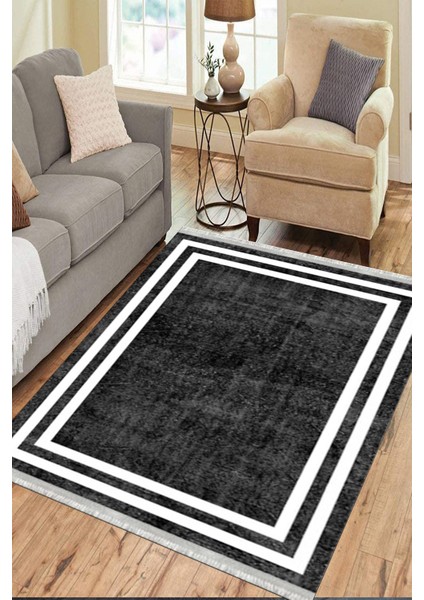 Antrasit Modern Halı Makinede Yıkanabilir Kaymaz Taban Kilim Dot Tabanlı Salon Halısı 0070B