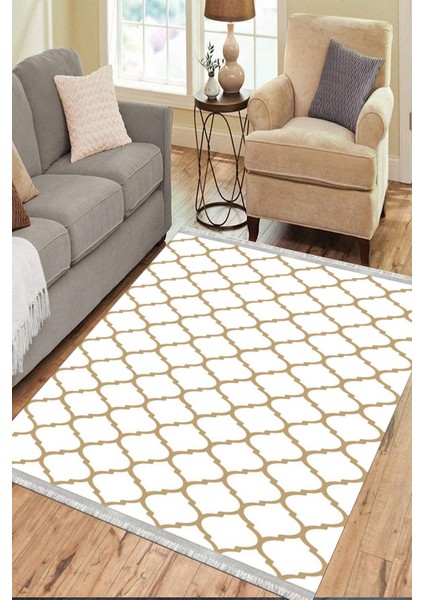 Krem Bej Çizgili Halı Kaymaz Taban Makinede Yıkanabilir Kilim Dot Tabanlı Salon Halısı 0010F