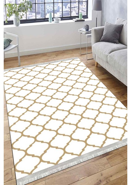 Krem Bej Çizgili Halı Kaymaz Taban Makinede Yıkanabilir Kilim Dot Tabanlı Salon Halısı 0010F fırsatları