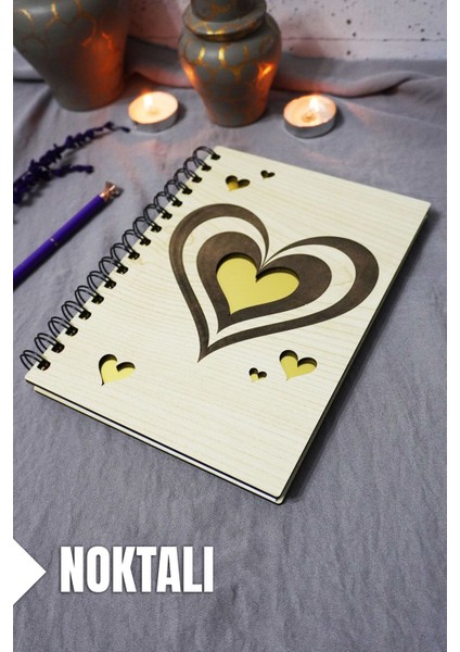 Kalp Desenli Ahşap Kapaklı Defter - Noktalı Defter - Ajanda - Okul Defteri (A5 - 120 Sayfa)