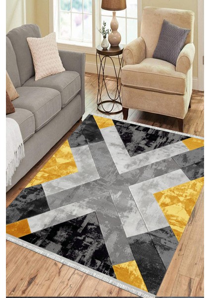 Geometrik Sarı Halı Makinede Yıkanabilir Kaymaz Tabanlı Kilim Dot Tabanlı Salon Halısı 0037F