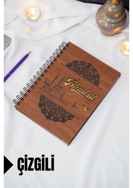 Istanbul Temalı Ahşap Kapaklı Defter - Çizgili Defter - Ajanda - Okul Defteri (A5 - 120 Sayfa)