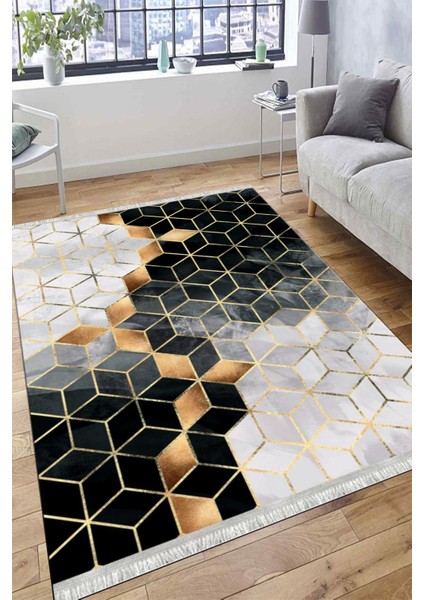 Petek Desenli Bronz Halı Kaymaz Taban Makinede Yıkanabilir Dot Tabanlı Salon Halısı 0033I fırsatları