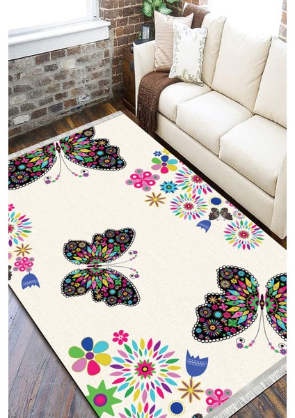 Kelebek Desenli Halı Yıkanabilir Kilim Kaymaz Tabanlı Yolluk Dot Tabanlı Halı 2055C