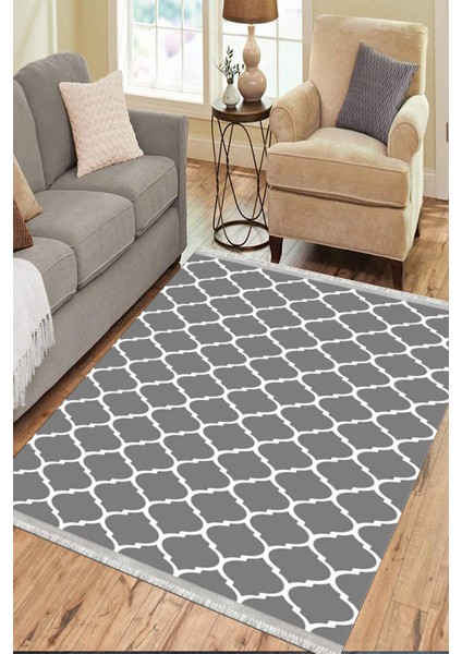 Gri Beyaz Çizgili Halı Kaymaz Taban Makinede Yıkanabilir Kilim Dot Tabanlı Salon Halısı 0010D