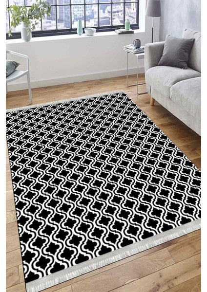 Siyah Beyaz Çizgili Halı Kaymaz Taban Makinede Yıkanabilir Kilim Dot Tabanlı Salon Halısı 0014B modelleri