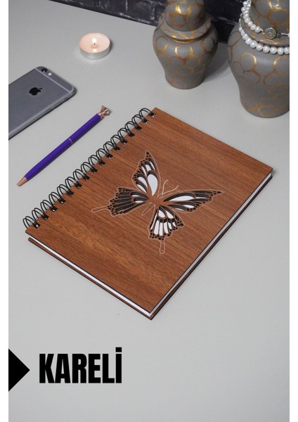 Kelebek Temalı Ahşap Kapaklı Defter - Kareli Defter - Ajanda - Okul Defteri (A5 - 120 Sayfa)