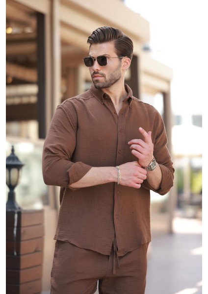 Kahverengi Gömlek Pantolon Erkek Ikili Takım E7322 modelleri