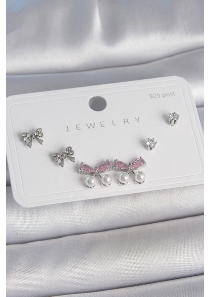 Pirinç Gümüş Renk Pembe Zirkon Taşlı Kurdele Model Inci Detay 925 Ayar Gümüş Çivi Kadın Küpe Seti - Lisinya