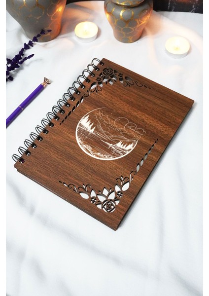 Manzara Ahşap Kapaklı Defter - Çizgisiz Defter - 60 Yaprak (120 Sayfa) - A5 15X21 cm