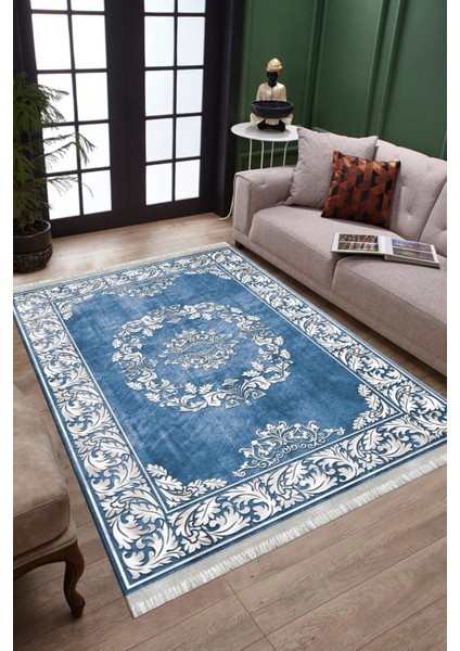 Klasik Desenli Mavi Makinede Yıkanabilir Kilim Kaymaz Dot Tabanlı Oturma Odası Halısı 3027B modelleri