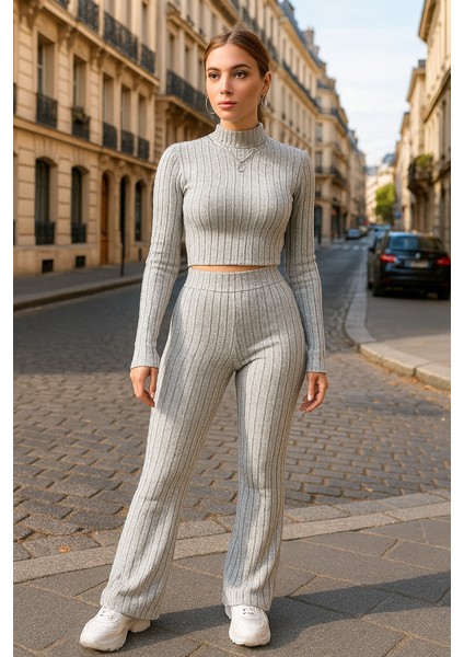Kadın Uzun Kollu Balıkçı Yaka Krop ve Pantolon Şardonlu Kaşkorse Ikili Takım