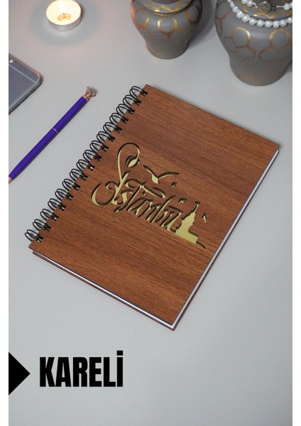 Istanbul Temalı Ahşap Kapaklı Defter - Kareli Defter - Ajanda - Okul Defteri (A5 - 120 Sayfa)