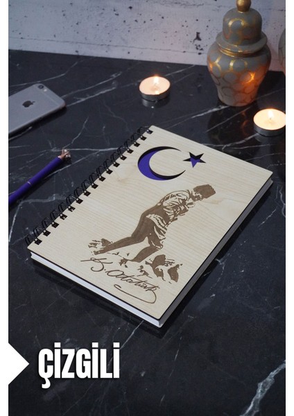 Kemal Atatürk Temalı Ahşap Kapaklı Defter - Çizgili Defter - Ajanda - Okul Defteri (A5 - 120 Sayfa)